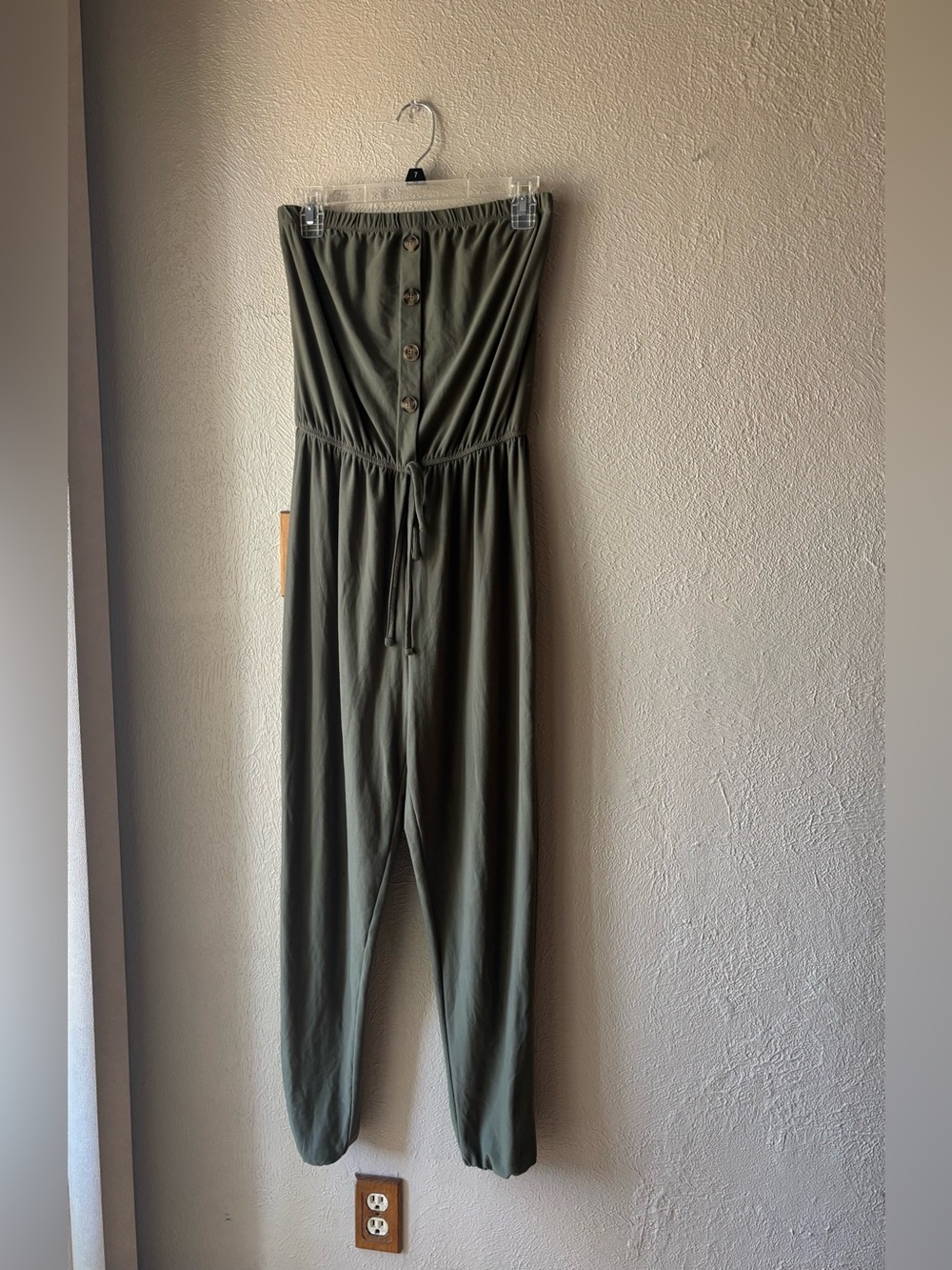 Rue21 Strapless Olive Jumpsuit with Button Front and Drawstring Waist